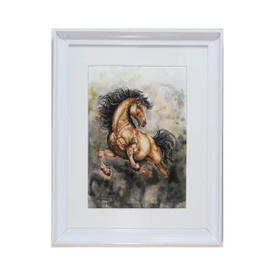 Wild Horse Watercolor and Pen Painting This stunning artwork, executed by Master Arghavan on premium watercolor paper, captures the essence of a wild horse. Approximately 9 hours of meticulous work. with frame: 52×66
