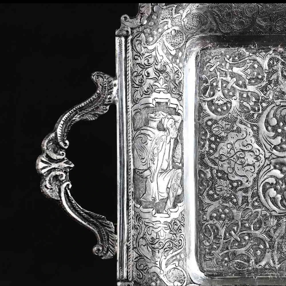 Luxury Silver Sweet Tray with Hand Engraved Persian Miniature Design 44 cm-1 Luxury Silver Sweet Tray with Hand Engraved Persian Miniature Design 44 cm-1