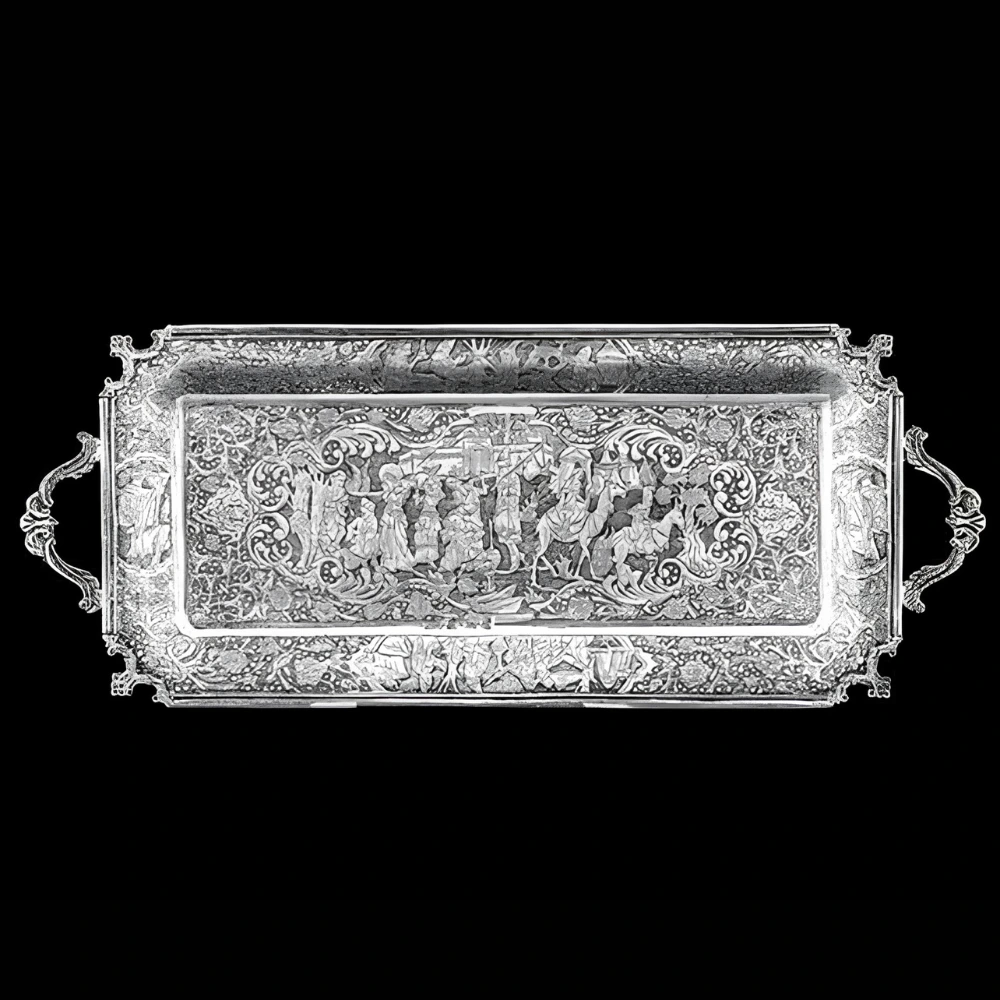 Luxury Silver Sweet Tray with Hand Engraved Persian Miniature Design 44 cm-2 Luxury Silver Sweet Tray with Hand Engraved Persian Miniature Design 44 cm-2