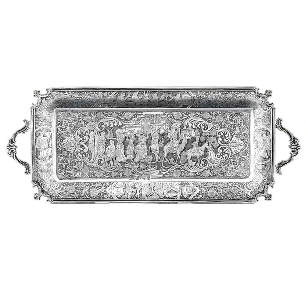 Luxury Silver Sweet Tray with Hand Engraved Persian Miniature Design 44 cm 1 Luxury Silver Sweet Tray with Hand Engraved Persian Miniature Design 44 cm