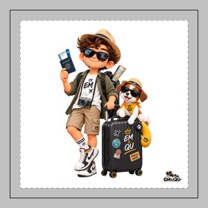EM & QU Travel Kid & Pup Decorative Pillow – Cute Vacation Cartoon Cushion for Kids’ Rooms