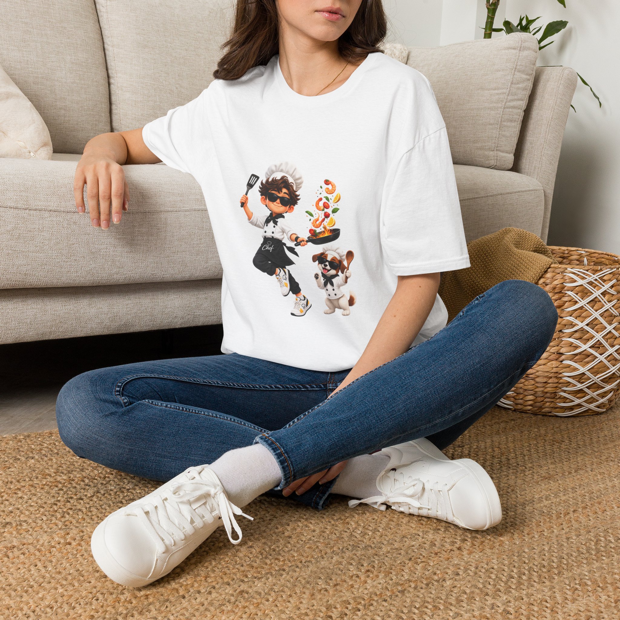 17154641981082914817_2048.jpeg Chef Cartoon T-Shirt — Cute Kid Chef Flipping Veggies with Puppy