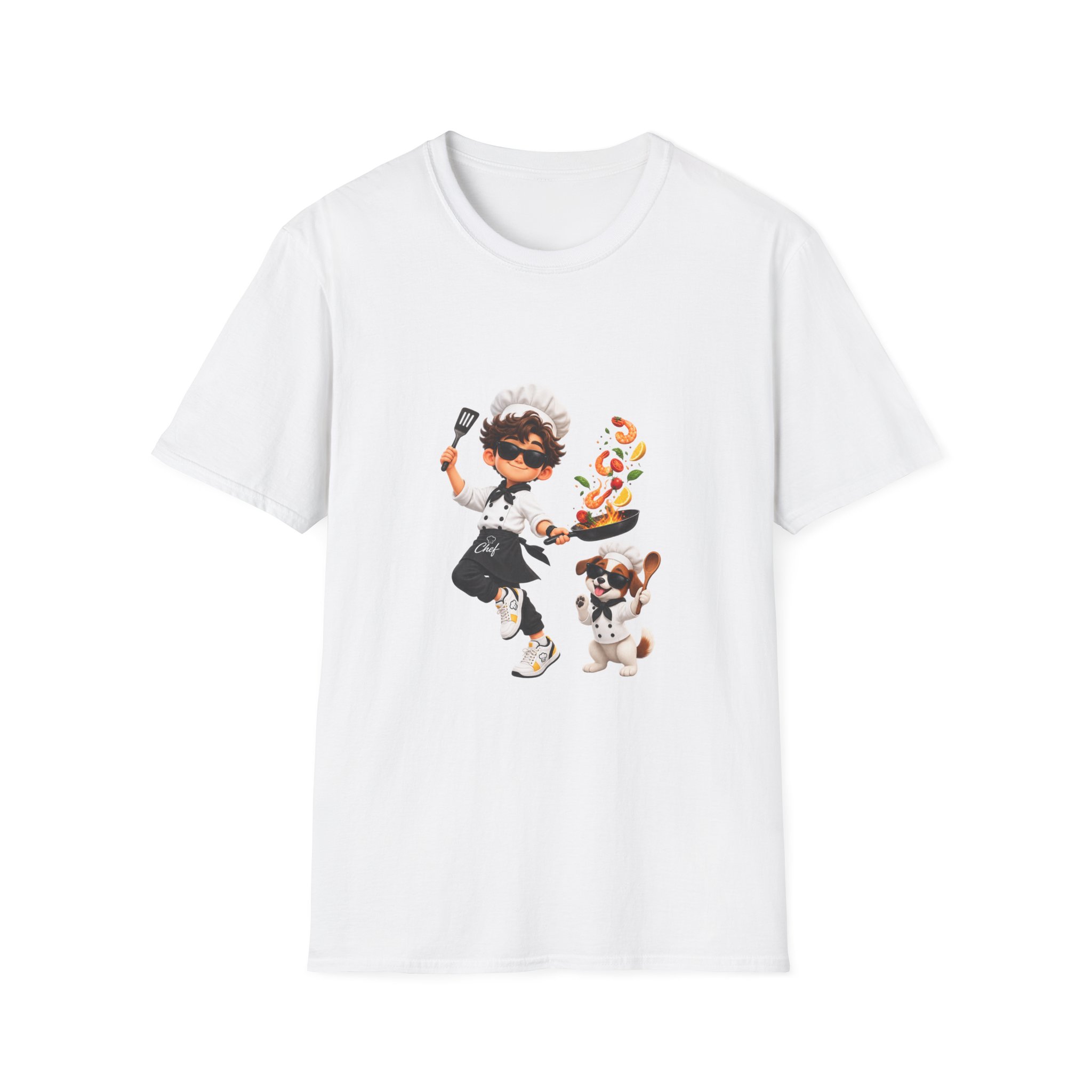 3786727924738814552_2048.jpeg Chef Cartoon T-Shirt — Cute Kid Chef Flipping Veggies with Puppy