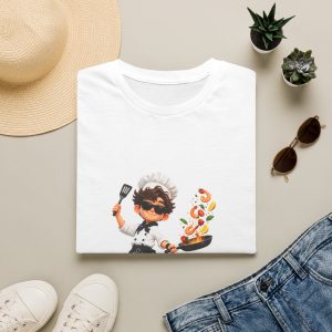 Chef Cartoon T-Shirt — Cute Kid Chef Flipping Veggies with Puppy